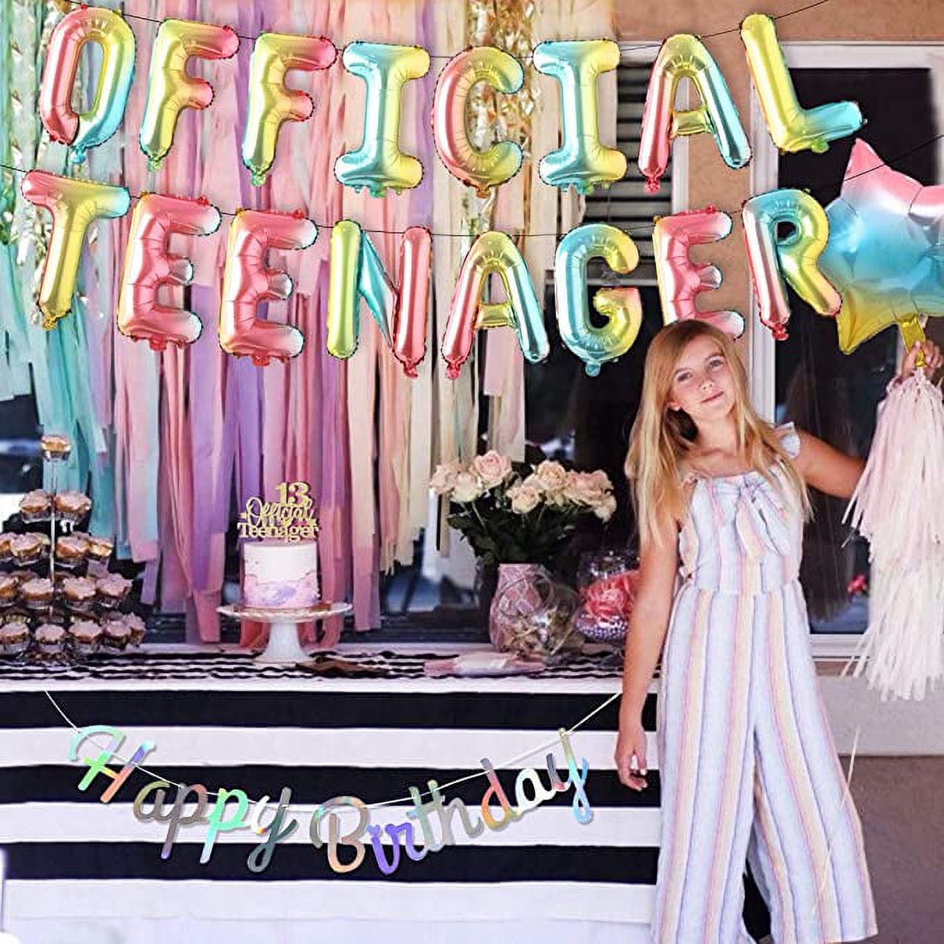 Rainbow 13th Birthday Decorations for Girls Happy 13th Birthday Party Decoration Supplies with Happy Birthday Banner Number 13 Foil Balloons 13 Year Old Cake Topper