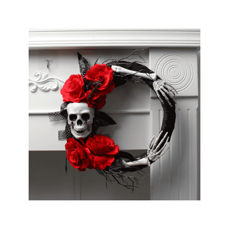 8 Side Halloween Skeleton Red Rose Decorative Spooky Wreath