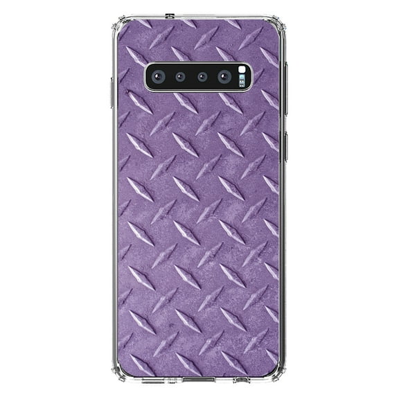 DistinctInk Clear Shockproof Hybrid Case for Samsung Galaxy S10 (6.1" Screen) - TPU Bumper, Acrylic Back, Tempered Glass Screen Protector - Purple Diamond Plate Steel Image - Printed Diamond Plate