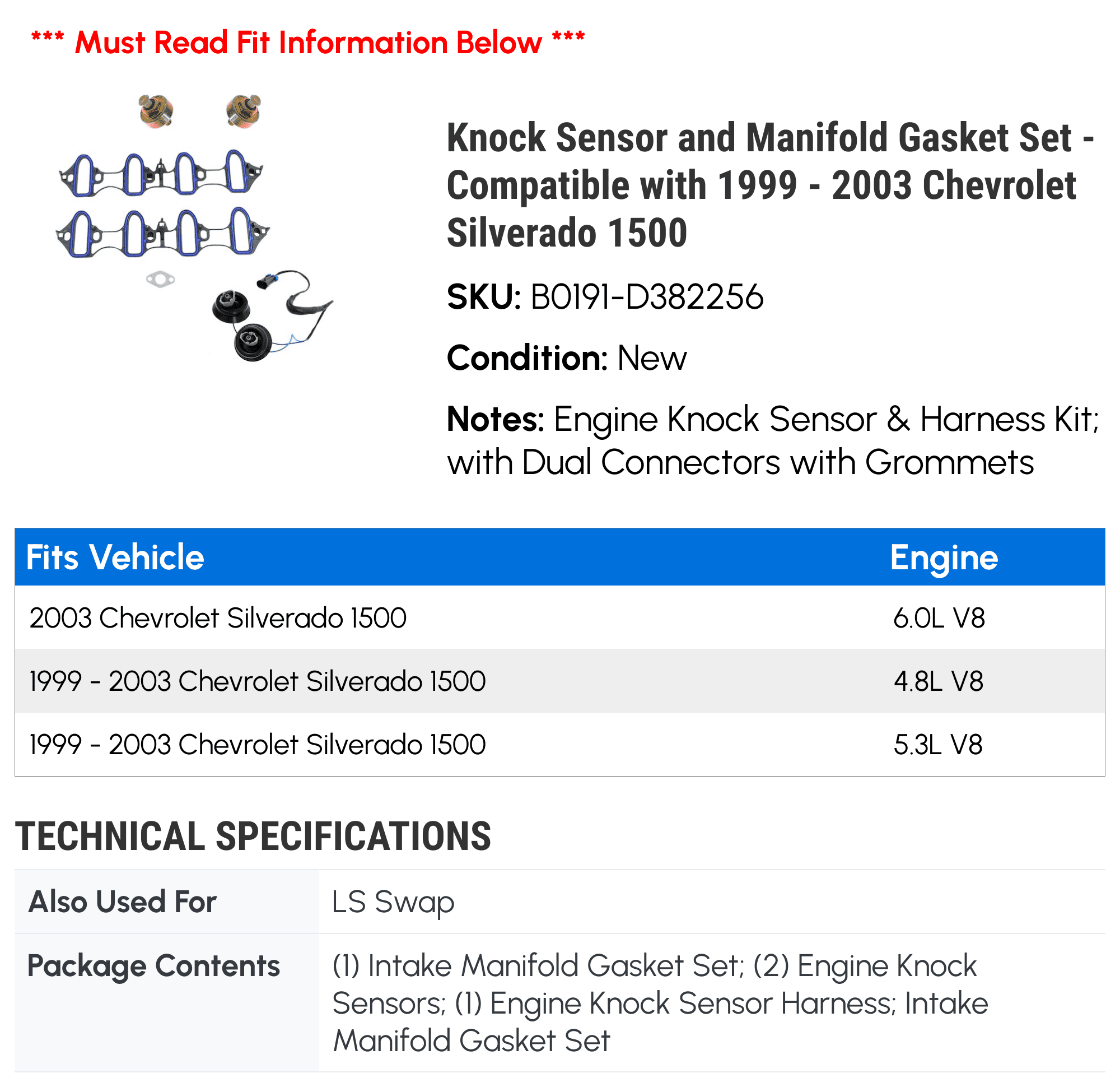 Knock Sensor and Manifold Gasket Set - Compatible with 1999 - 2003 Chevy Silverado 1500 2000 2001 2002