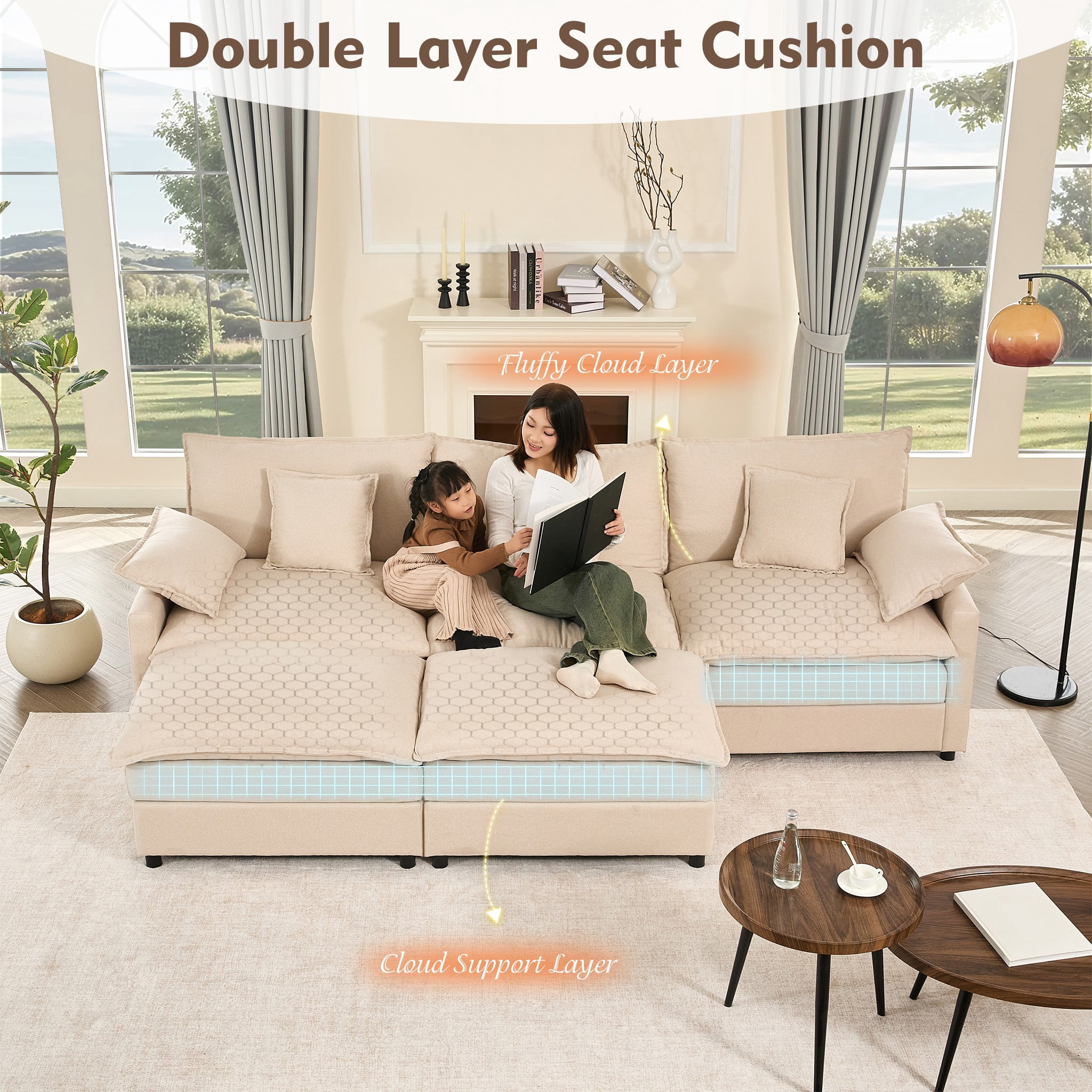 Bigsyy 3 - Seat Sectional Sofa Couch, Comfy Cloud Style, Deep Seat, Sleeper Function with Throw Pillows. Ideal for Adult - Occupied Living Rooms, Modern Design, Cozy Beige