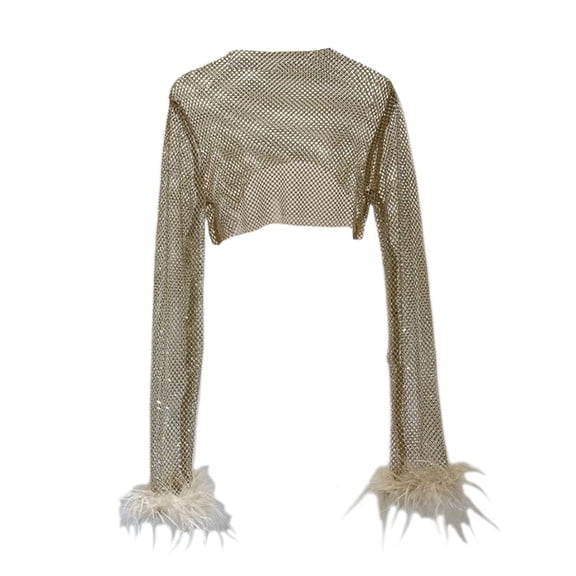 YM YOUMU Women Mesh Sheer Blouse Shiny T-shirts Hollow Out Net Crop Tops