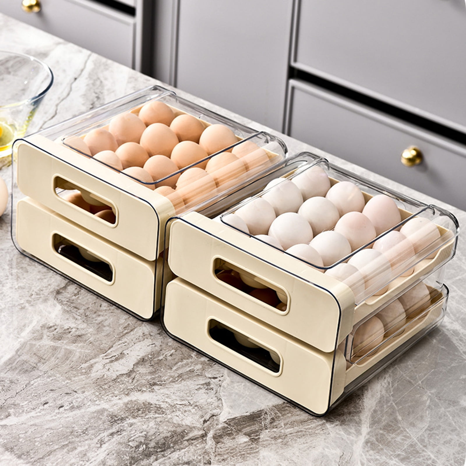 32 Eggs Container Holders Dispenser for Refrigerator 2 Tiers Clear Stackable Eggs Holder Tray with Drawer for Fridge