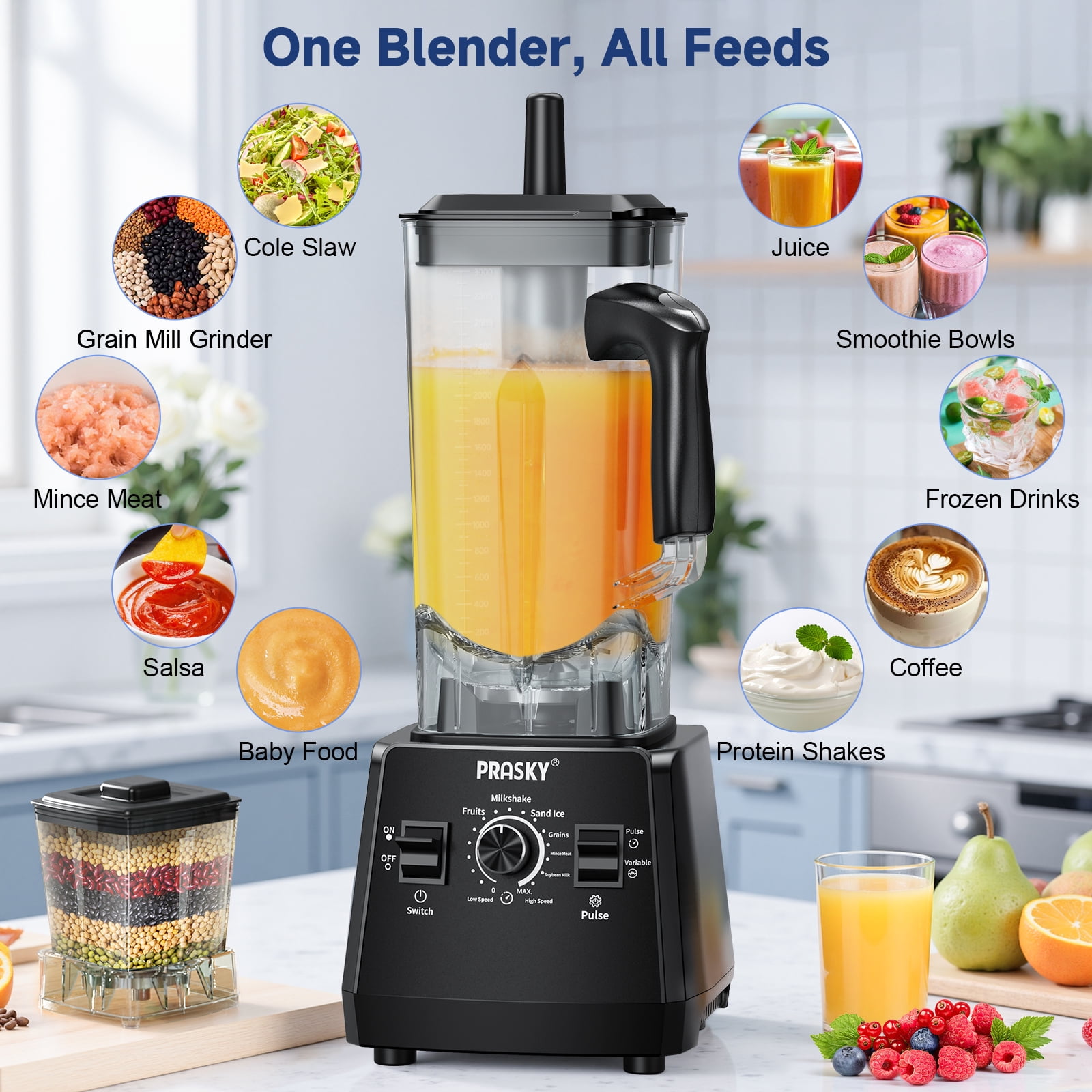 PRASKY 2-in-1 Professional Countertop Blender 96oz Large Capacity 1000W Blender for Smoothies Fruit