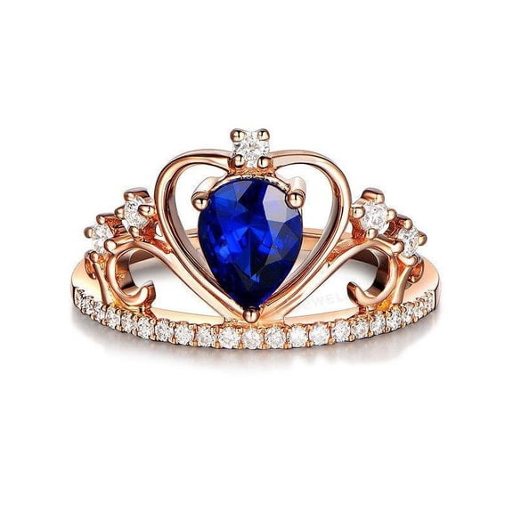 Crown 2 Carat Pear cut Sapphire and Diamond Engagement Ring in 14k Rose Gold affordable Sapphire and diamond engagement ring