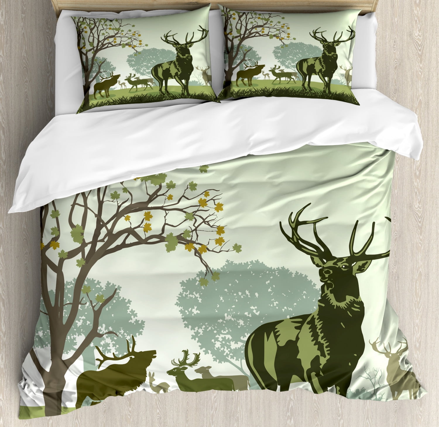 Antlers Duvet Cover Set, Deer and Wildlife in Park World Natural