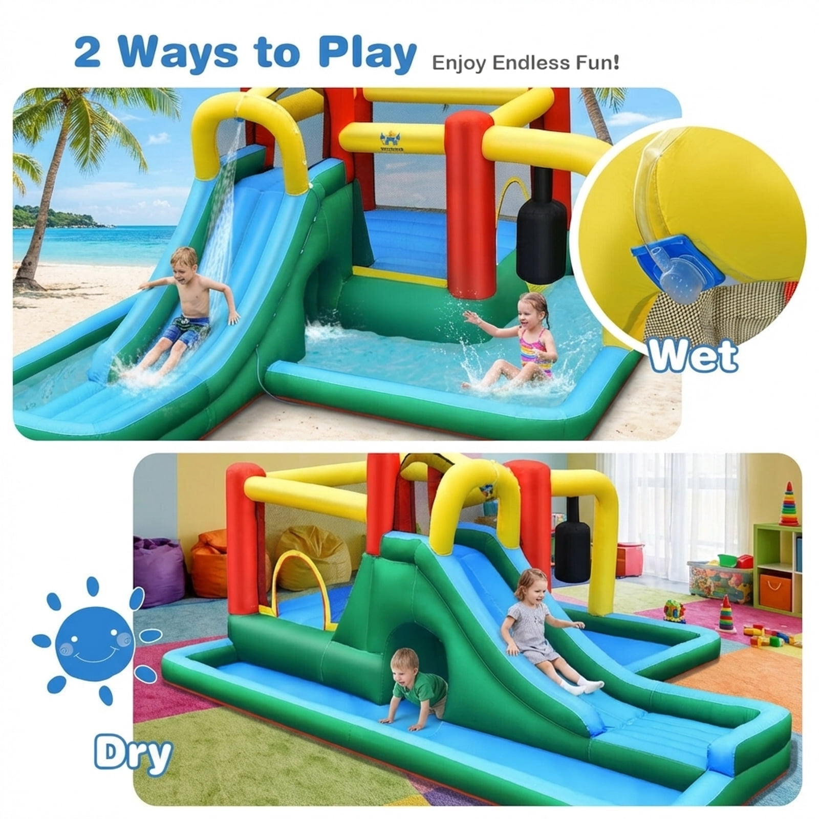 Redsmile Inflatable Water Slide Climbing Bounce House with Tunnel and Pendulum for Kids Aged 3-10 Outdoor Backyard Fun - Blue Yellow Red