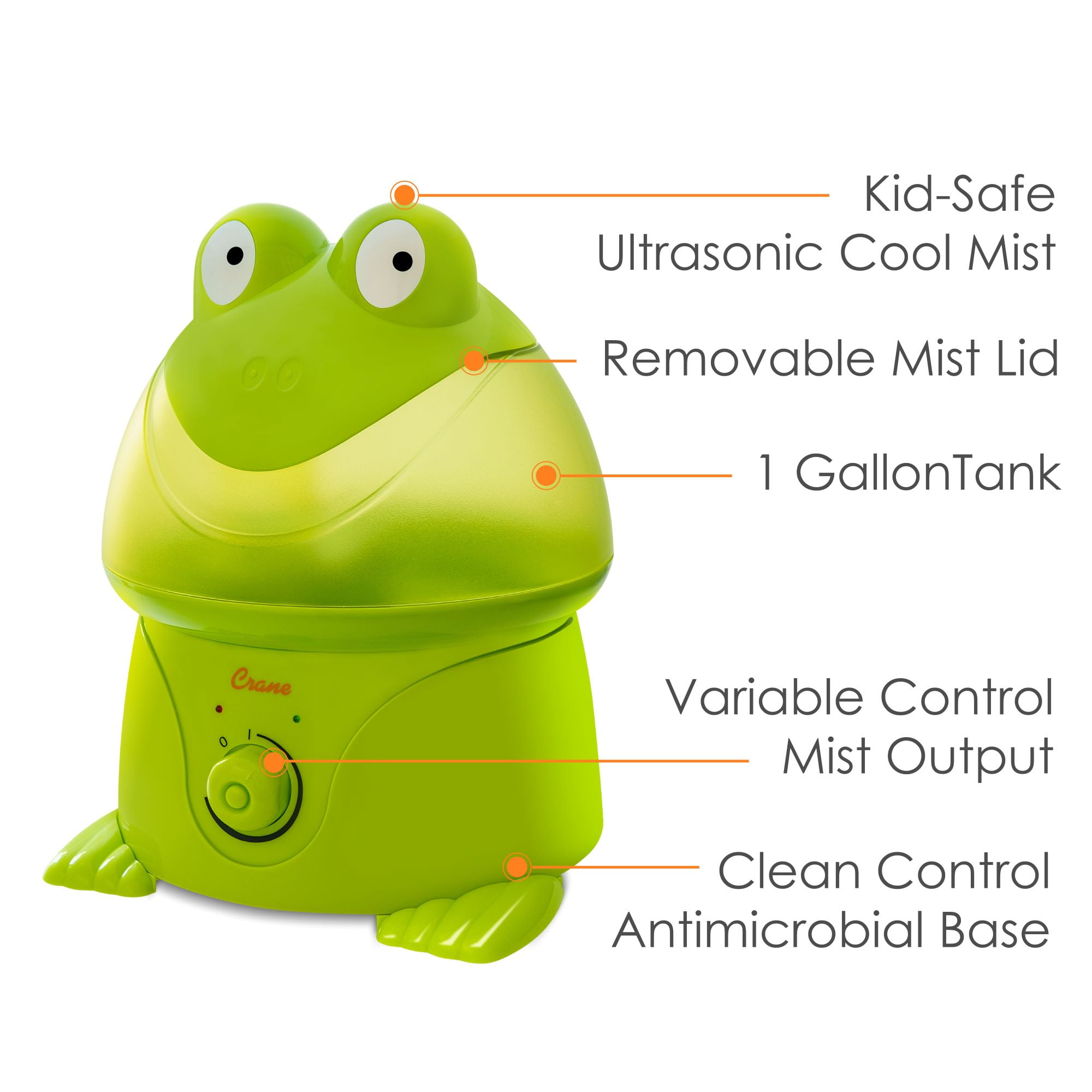Crane USA Adorable Ultrasonic Cool Mist Humidifier, 1 Gallon, 500 Sq Ft Coverage, 24 Hour Run Time - Frog