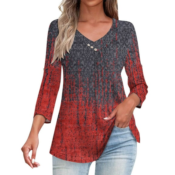DQRPSEETB Casual Tops for Women Women's 3/4 Sleeve Top Casual V Neck Fashionable Button Flower Printed T Shirt Loose Fitting Cotton Trendy Tops