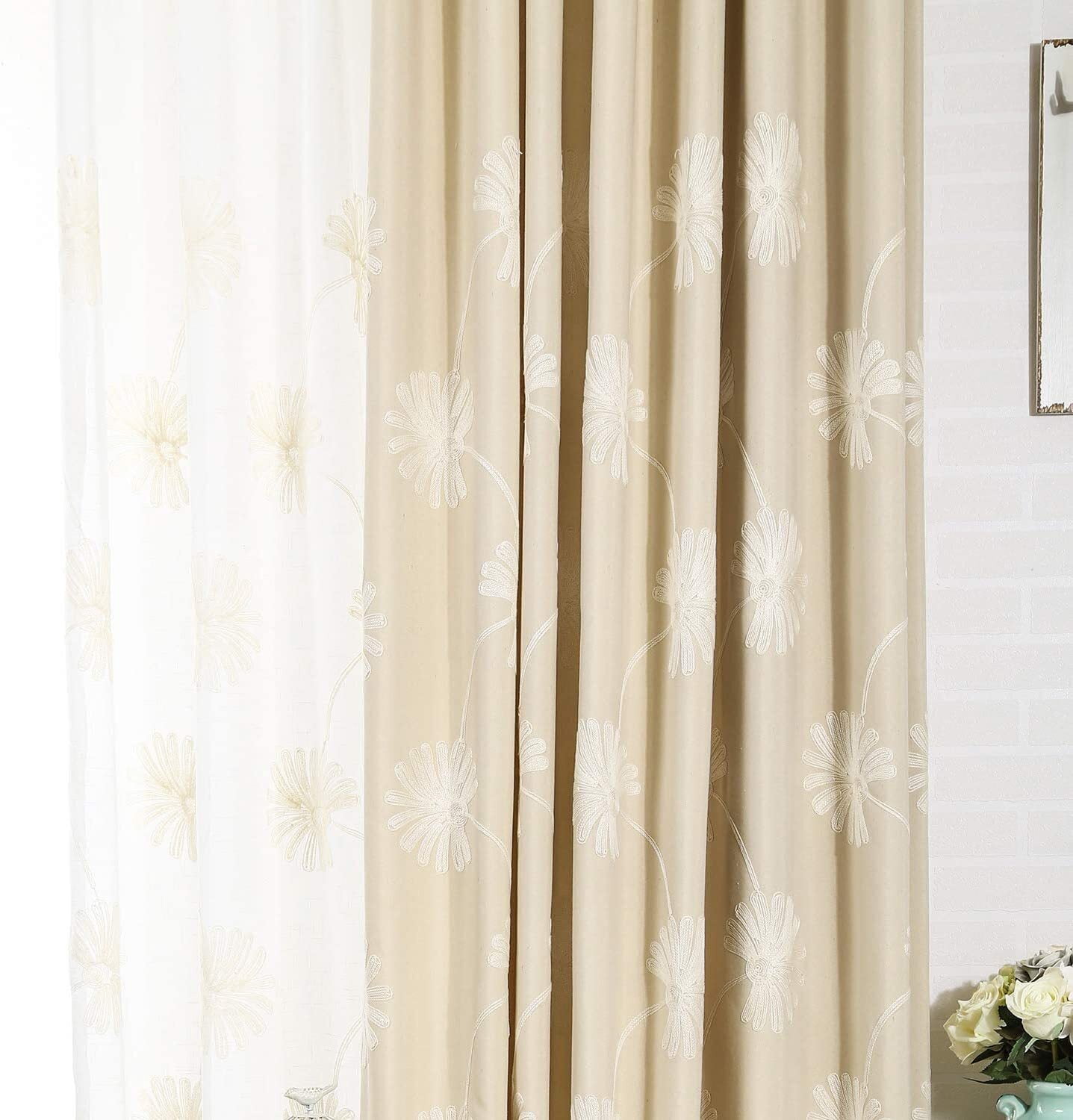 VOGOL Floral Pattern Embroidered Elegant Grommet Curtains, Blackout Polyester Drapes for Bedroom, 52"x84", Beige, 2 Panels