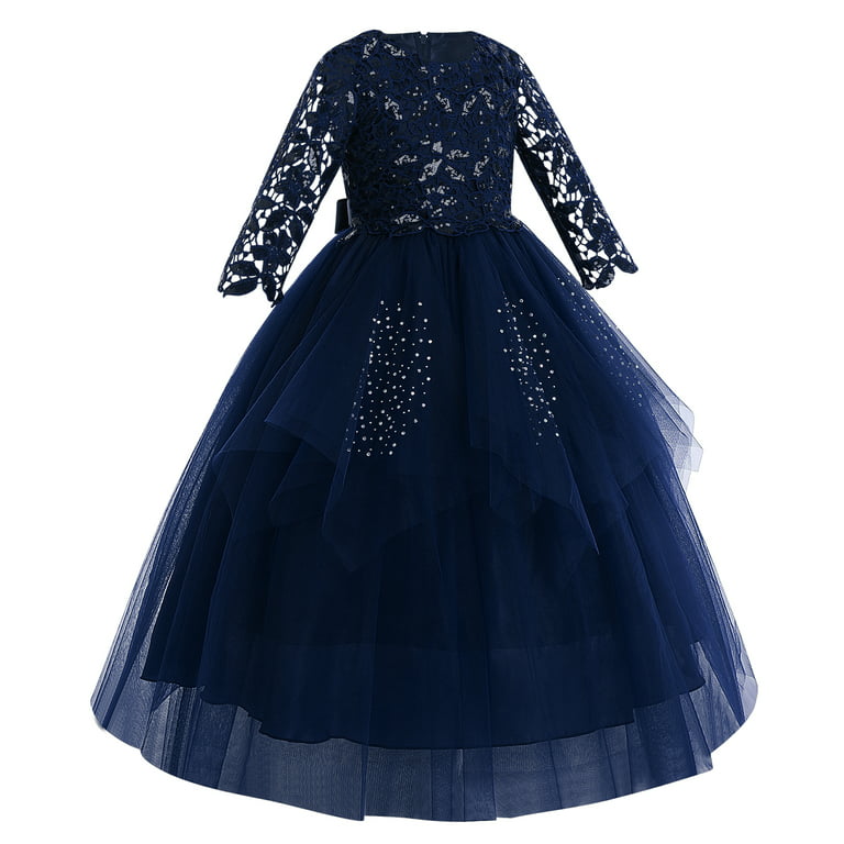 IBTOM CASTLE Flower Girl Communion Embroidery Lace Dress for Kids Junior  Wedding Party Formal Dance Evening Maxi Gown with 3/4 Sleeve 7-8 Years Navy  Blue 