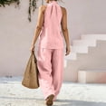 thumbnail image 6 of Sewkxo Womens Linen 2 Piece Sets Fashion Sleeveless V Neck Halter Top Matching Baggy Wide Leg Pants Set Summer Casual Outfits,Pink 2XL, 6 of 9