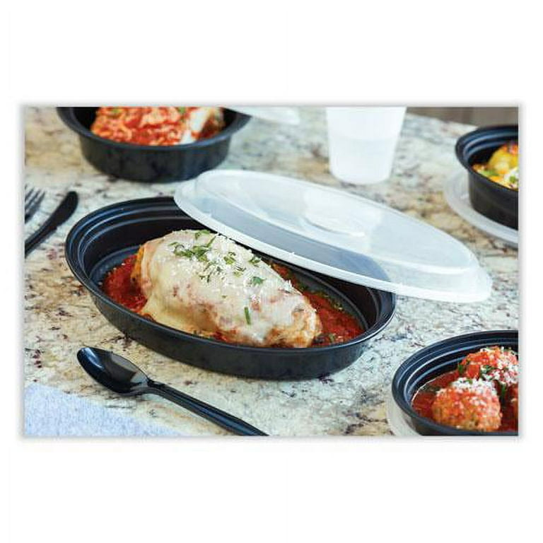 Newspring VERSAtainer Microwavable Containers, Oval, 6 oz, 5.7 x 4 x 1.1, Black/Clear, Plastic, 150/Carton Newspring VERSAtainer Microwavable Containers, Oval, 6 oz, 5.7 x 4 x 1.1, Black/Clear, Plastic, 150/Carton