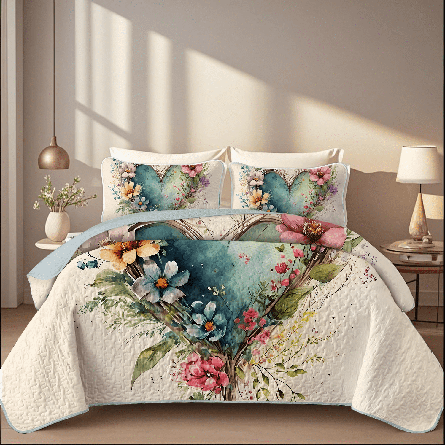 Davulos Quilt Set King Size Heart Shape Flower Pattern Bedding Set Soft Microfiber Lightweight Bedspread Coverlet for All Season with 1 Quilt 2 Pillow Sham
