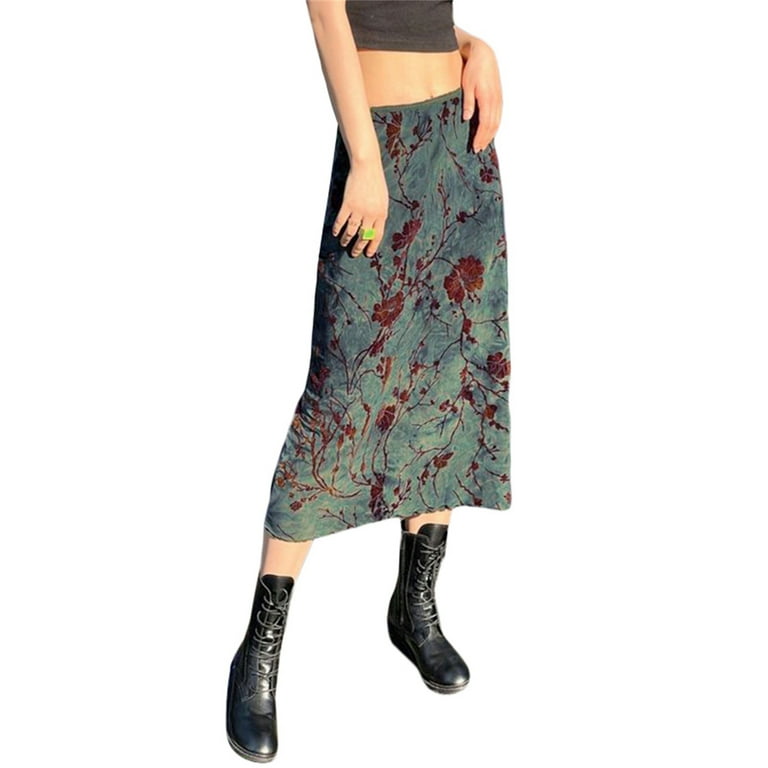 Lamuusaa Women Vintage Long Skirts 90s E-Girl Floral Print Midi Skirt Low  Waist Fairy Grunge Maxi Skirts Streetwear (Green, S)