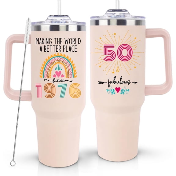 50th Birthday Gifts for Her/Women, 1976 Birthday Gift for Women, Cool Birthday Gift For Turning 50 Year Old Woman, 50th Bday Decorations for Female/Mom/Friends, 50 and Fabulous Tumbler 40oz