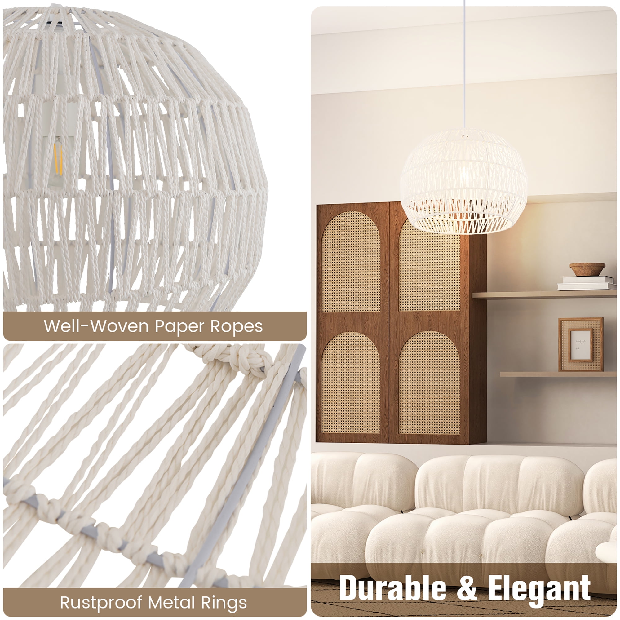Costway 17.5'' Round Paper Pendant Ceiling Light Fixture with Adjustable Hanging Rope