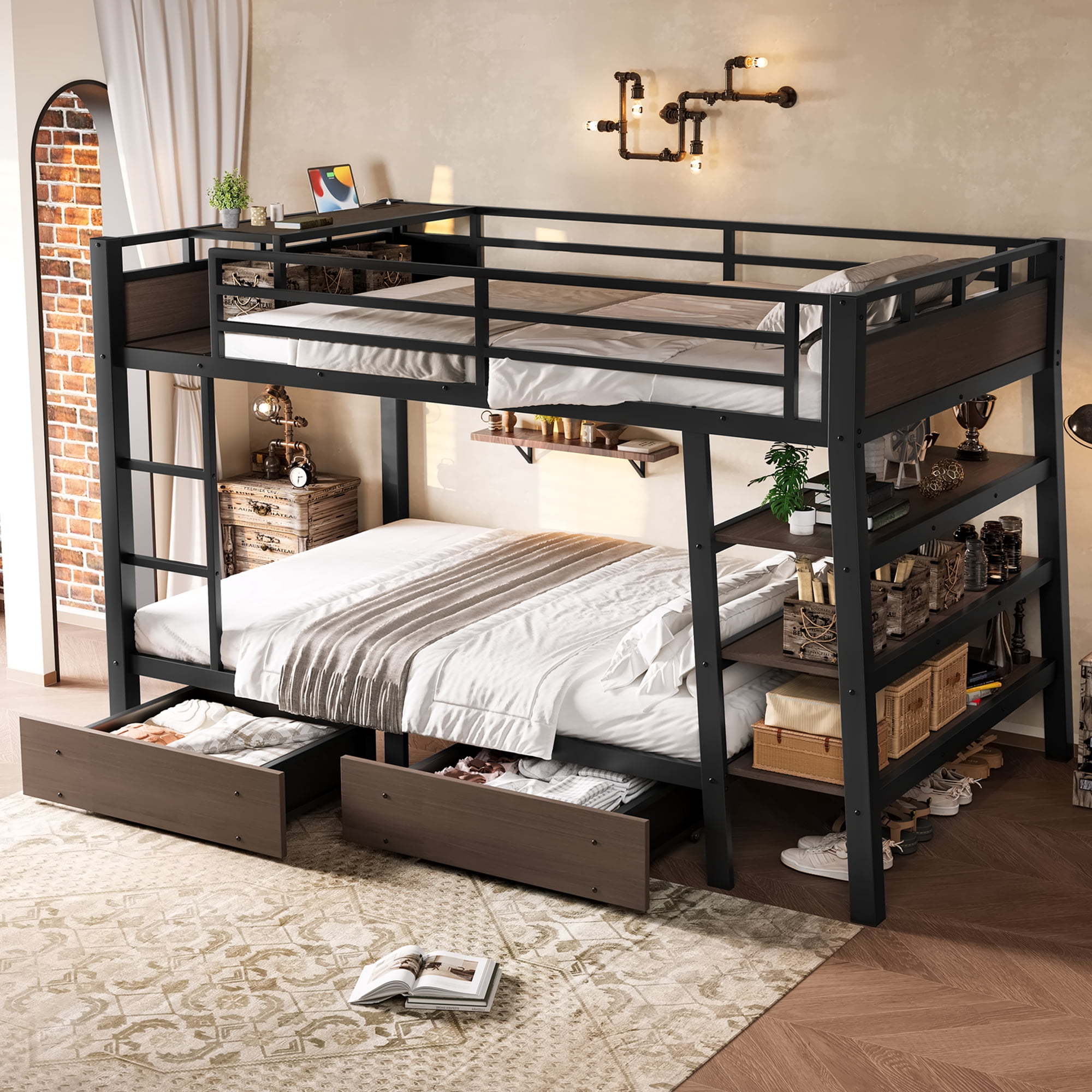 Leumius Full Size Metal Bunk Bed with 2 Storage Drawer,Heavy Duty Metal Bed Frame with Storage Shelves , LED light Strip and USB Power Strip,Black