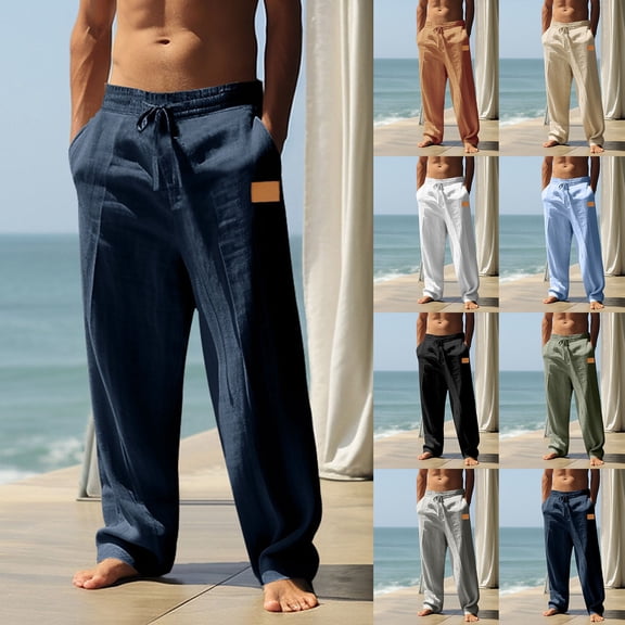 lcziwo Dress Pants for Men with Pockets Linen Classic Straight Loose Drawstring Slacks Casual Cozy Flat Front Trousers Navy M