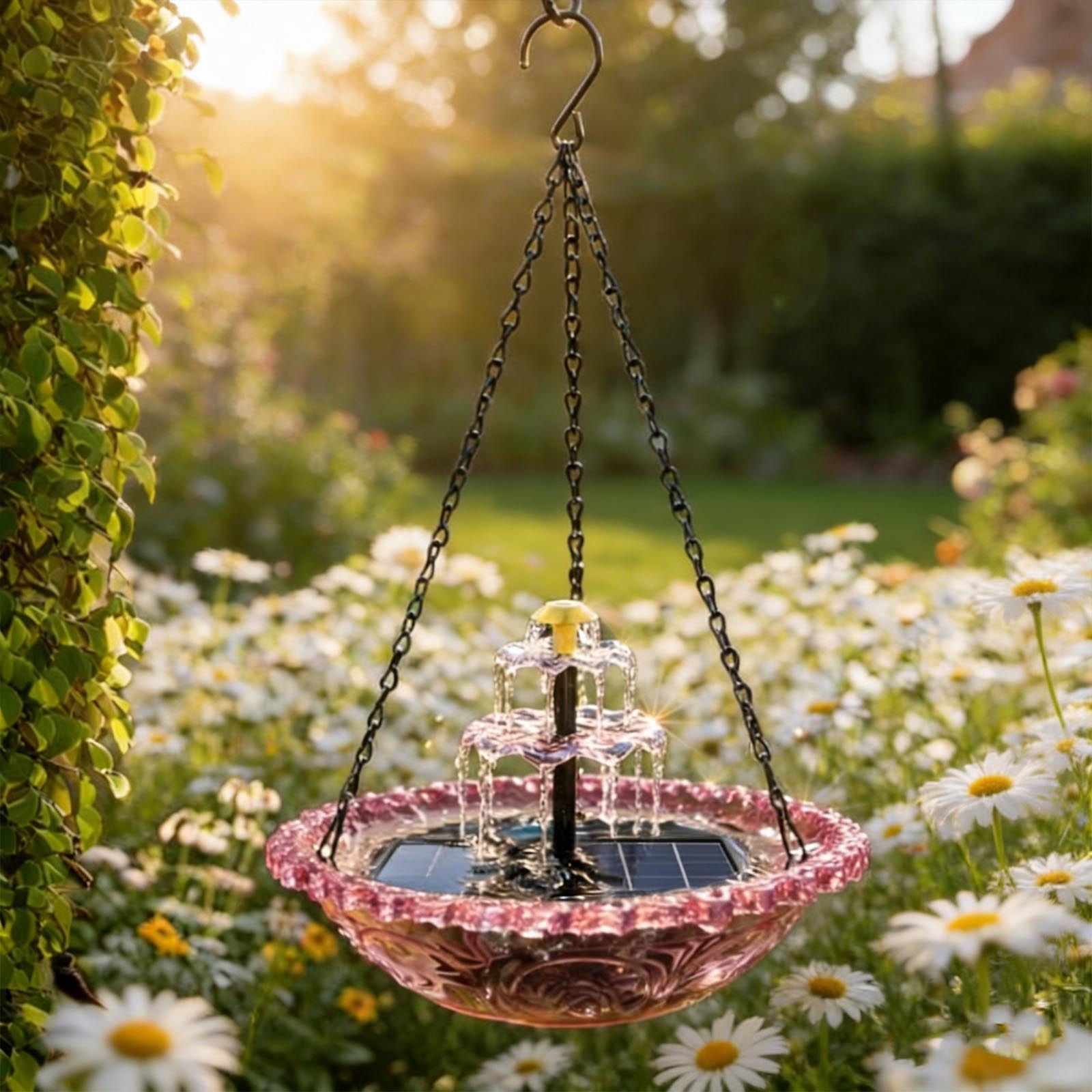 Hanging Solar Bird Bath Fountain 3 Layers, 9.84''W Bird Bath Bowl with Solar Powered Pump for Outdoor Garden Backyard Patio Lawn, Wildlife Feeder
