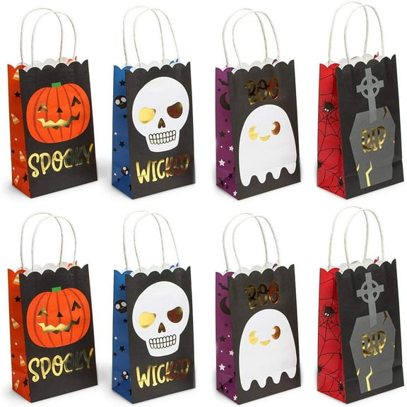 24 Pack Halloween Paper Goodie Bags with Handles for Kids Trick or Treat Candy Gift, Party Favor Supplies, 3 Designs