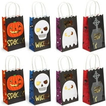 24 Pack Halloween Paper Goodie Bags with Handles for Kids Trick or Treat Candy Gift, Party Favor Supplies, 3 Designs