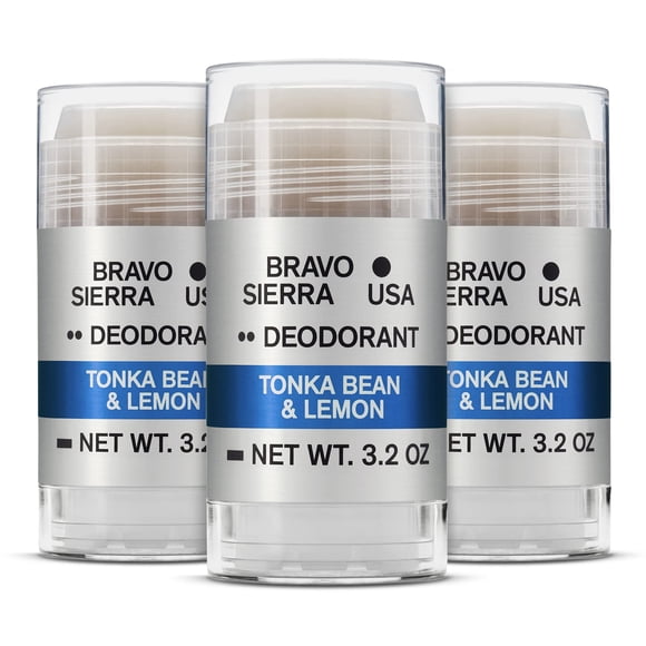 Desodorante sin aluminio para hombres de Bravo Sierra paquete de 3 - Contiene ingredientes naturales - Protección duradera contra el sudor y el olor durante todo el día - Haba tonka y limón 3.2 oz - S