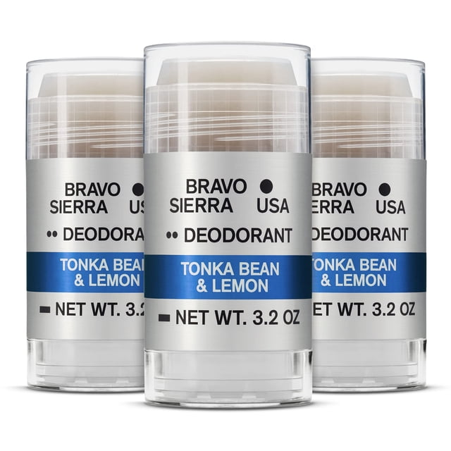 Desodorante sin aluminio para hombres de Bravo Sierra paquete de 3 - Contiene ingredientes naturales - Protección duradera contra el sudor y el olor durante todo el día - Haba tonka y limón 3.2 oz - S