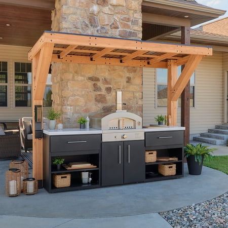 Backyard Discovery Timber Rock 10' Covered Outdoor Kitchen Cook Station, Steel Pizza Oven