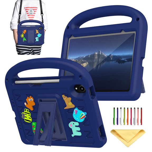 Allytechgroup Kids Case for iPad Mini 6 Tablet 2021, iPad Mini 6th Generation Case 8.3 inch with Pencil Holder/Shoulder Strap/Handle/Kickstand Cute Cartoon 3D DIY Kawaii Soft EVA Stand Cover,Navyblue