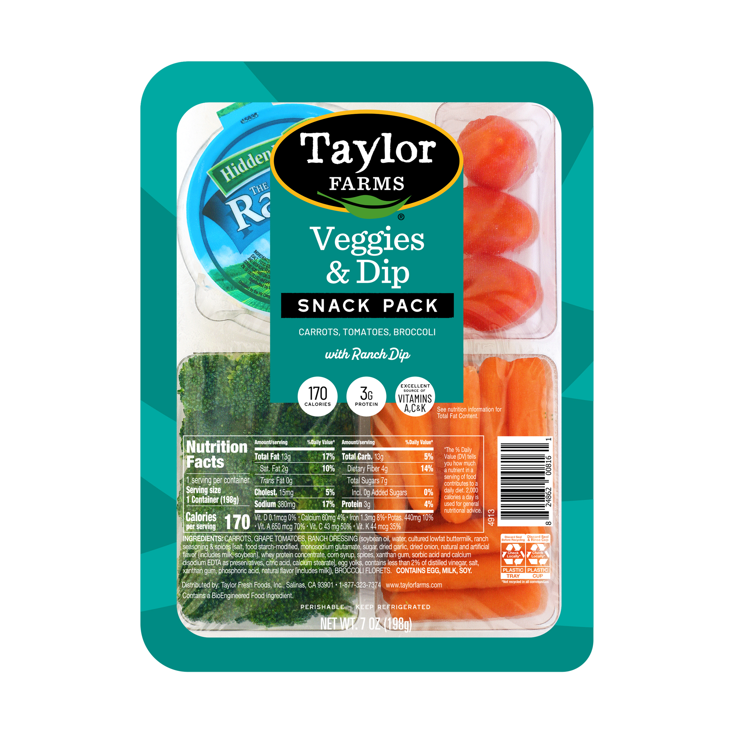 Taylor Farms Veggies & Dip Snack Pack, 7 oz, Tray, Fresh