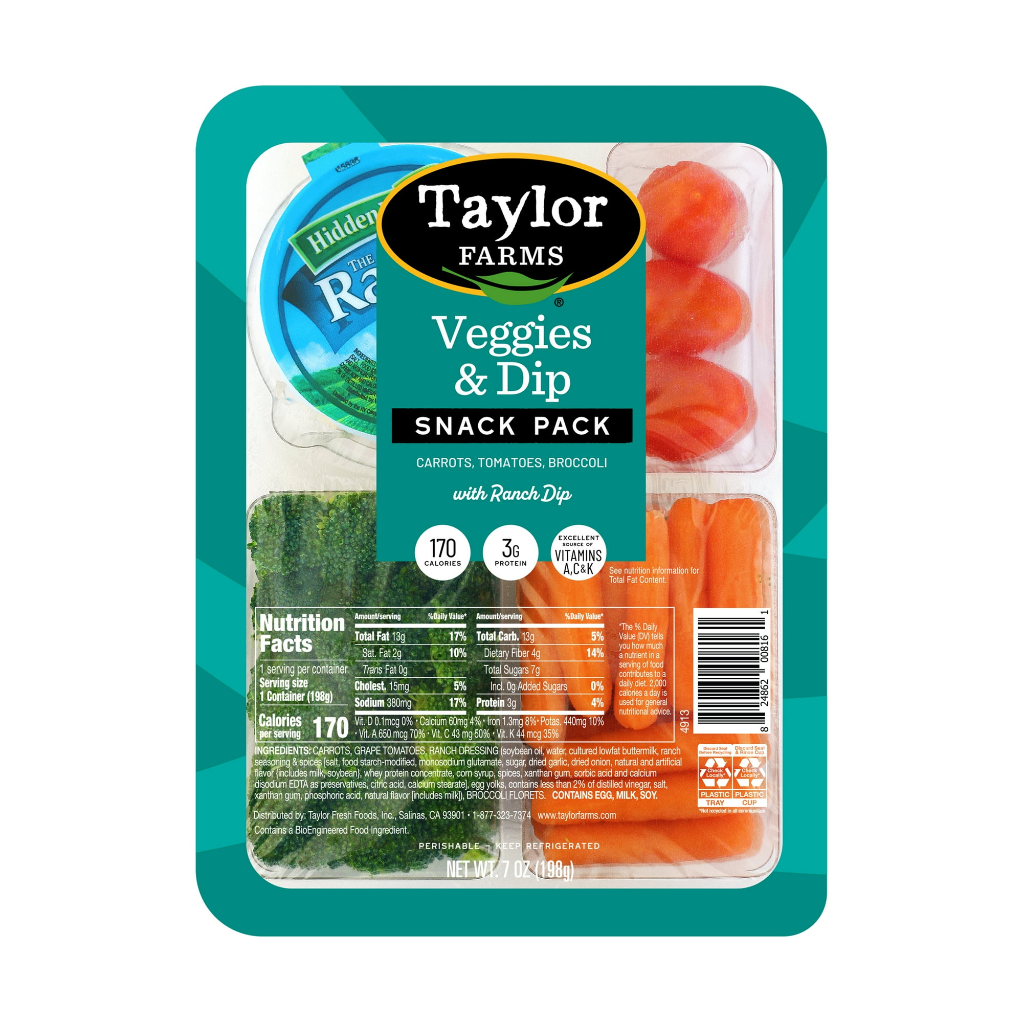 Taylor Farms Veggies and Dip Snack Pack, 7 oz Tray, Fresh