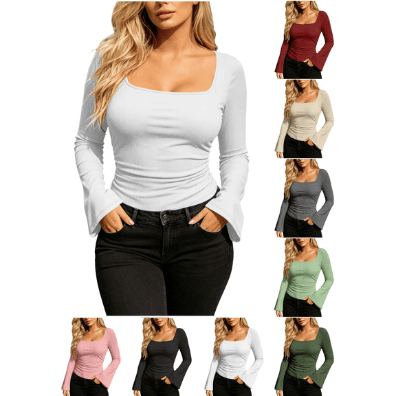 Liuinsasek Women's Casual Long-Sleeve Top Solid Color Fashion Ribbed Fitted Square Neck Flared Sleeve Pullover Tops Going Out Basic Fall Winter Stylish Outfits