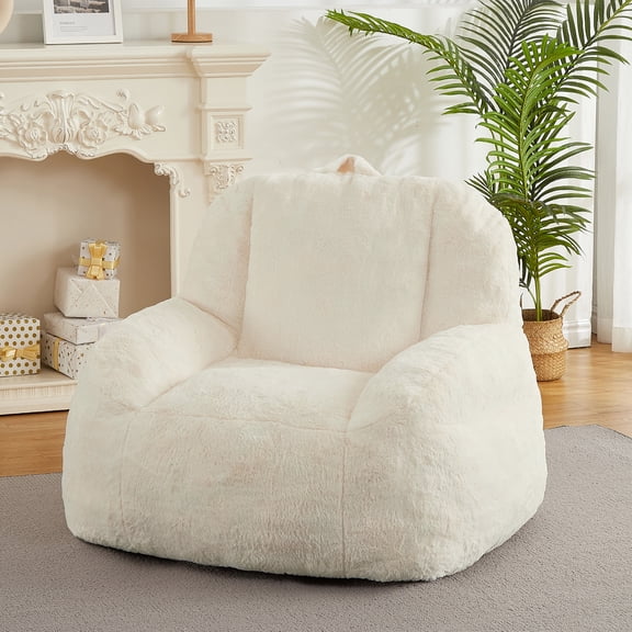 Plush Faux Fur Bean Bag Chair for Adults, Extra Large Filled Floor Sofa with Handle, Cozy Lounge Seat for Home, Beige
