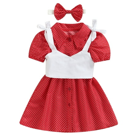 

Calsunbaby Kids Baby Girls Dress and Camisole Set Dot Button Short Sleeve Dress Cropped Vest Summer Clothes Red 3-4 Years