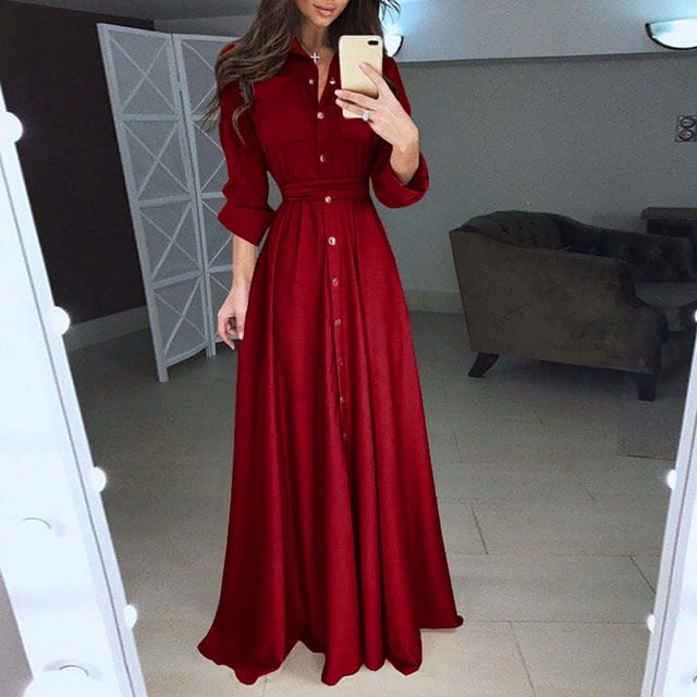 GZWYHT Robes pour Femmes 2025, Robes Maxi Femmes Dame Décontracté Mode Manches Longues Col à Revers Maxi Longue Robe Chemise Unie Robe à Manches Longues, Robes Fluides, Robe Bordeaux, Petites Robes m
