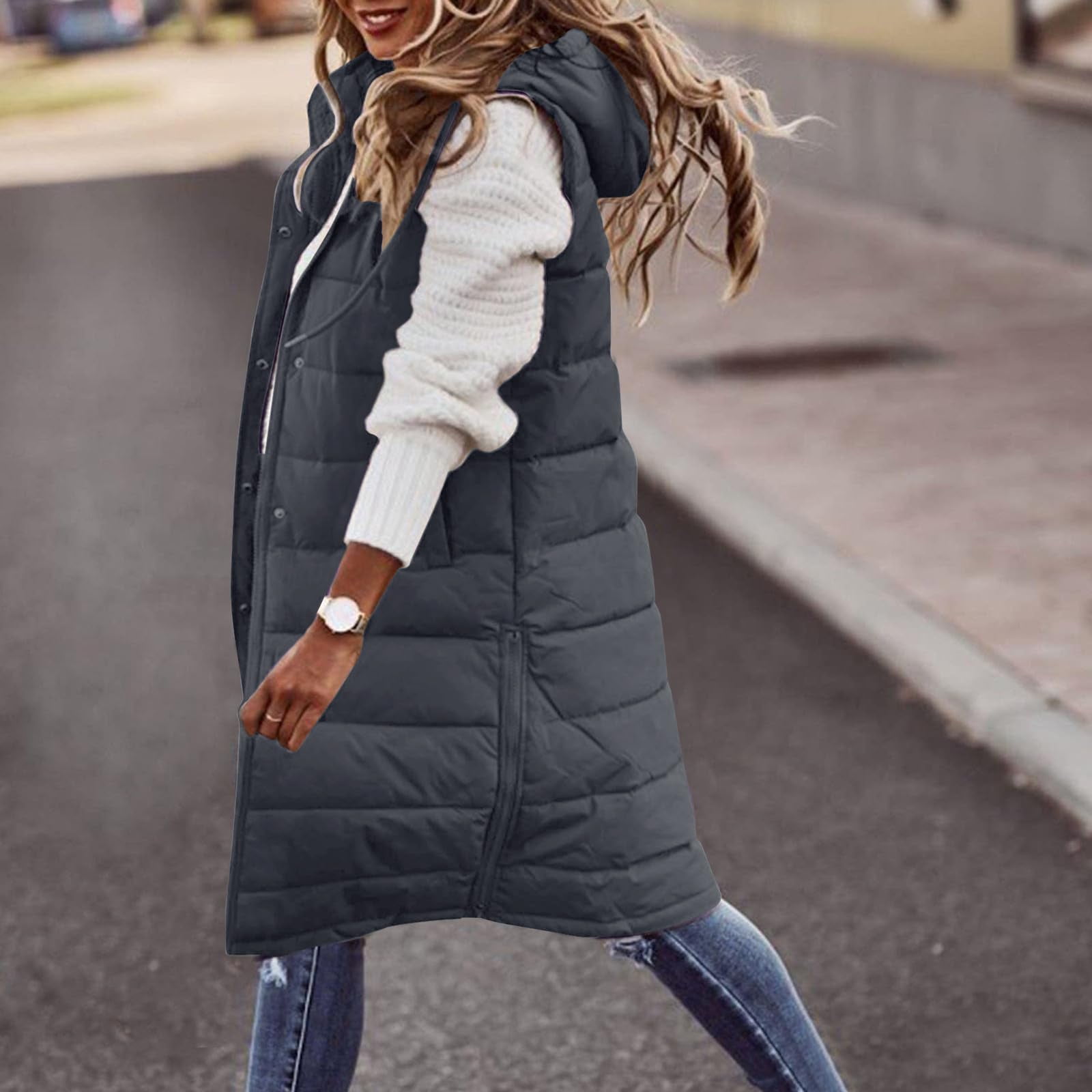 Womens Puffer Vest Sleeveless Hooded Long Quilted Vests Zip Up Lightweight Puffy Winter Jackets Gilet with Pockets
