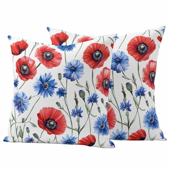 Blue Poppy Flower Outdoor Waterproof Pillow Covers, Watercolor Red Independence Day Decorative Square Throw Pillowcase Sofa Cushion Sham for Patio/Couch/Chair, 18"x18" 2 Pack