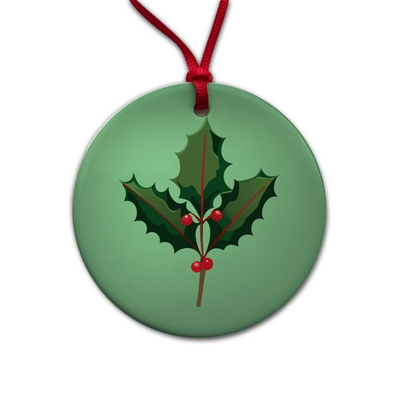 Holly Christmas Greenery Christmas Tree Holiday Round Ceramic Ornament