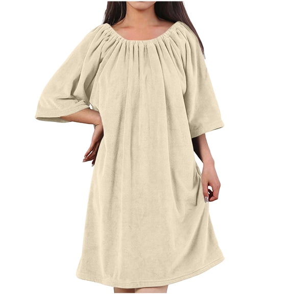 HappyYEE Women's One Shoulder Fleece Nightgown Loose Soft Long Sleeve Pullover Robe Winter Warm Mid Length Nightgown Sleepwear