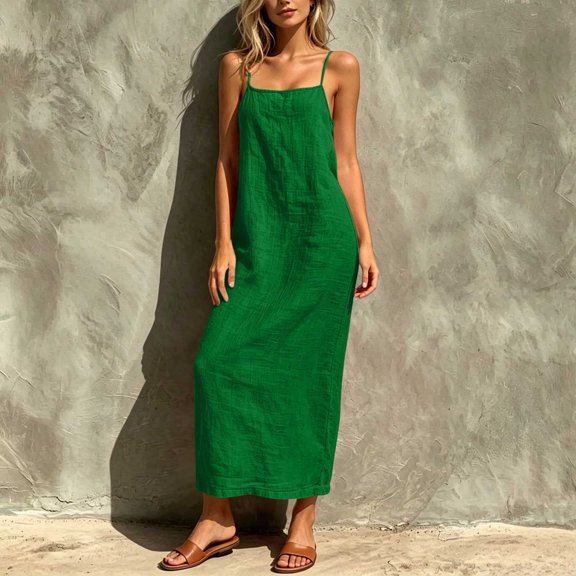 QUNYINEY A Line Sun Dresses for Women 2026 Sleeveless Long Summer Slip Dress Square Neckline Beach Solid Loose Fit Vacation Dresses