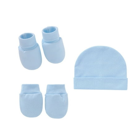 

BIZIZA Baby Hats Infant Caps Knitted with Glove Socks Cute Solid Color Beanie for 0-12M Toddler Light blue One Size