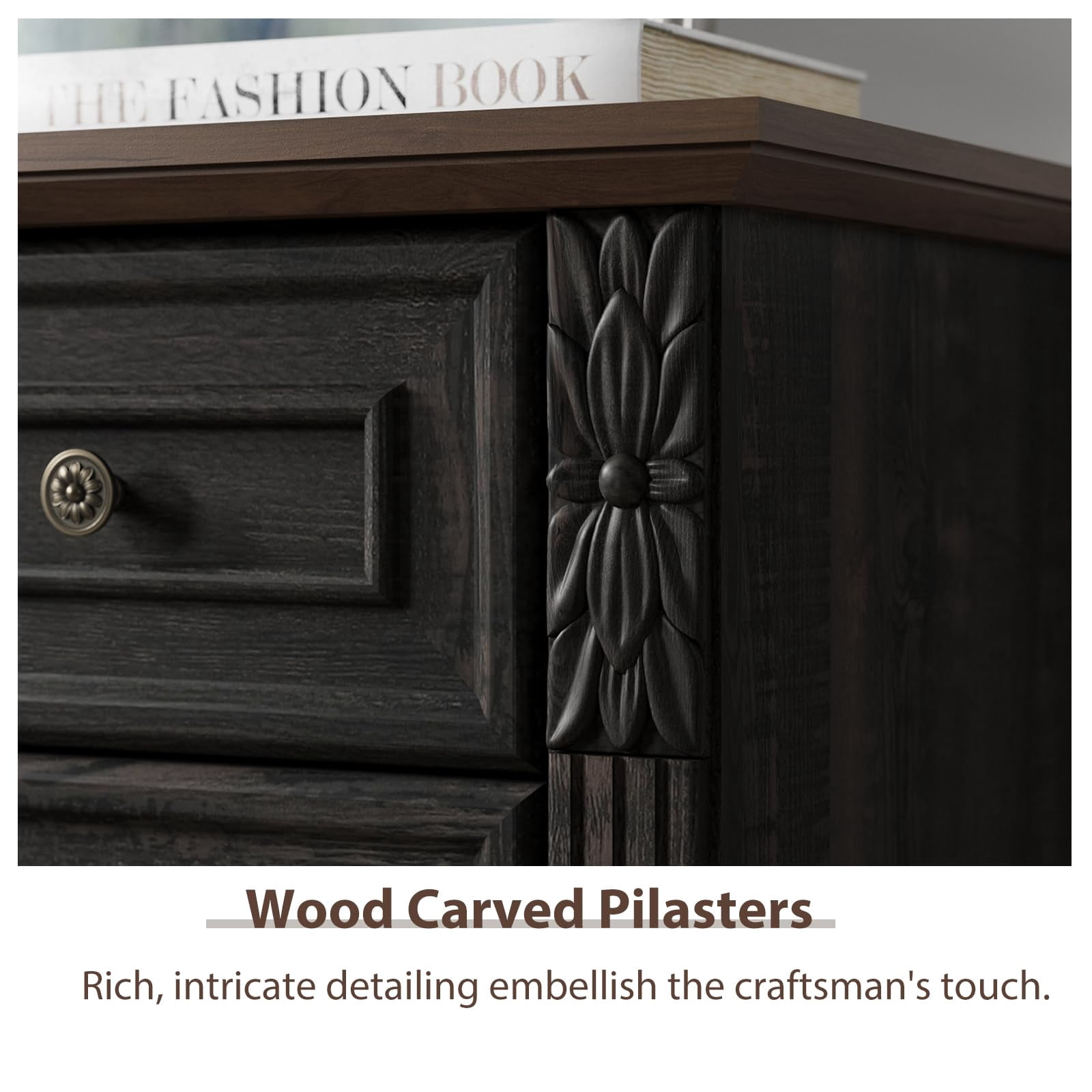 BOSHIRO 6-Drawer Carved Dresser for Bedroom, Tall Farmhouse Storage Chest with Antique Brass Handles, Black Finish