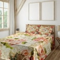 thumbnail image 3 of Ambesonne Retro Fitted & Top Sheet Set with Shams, Psychedelic Floral Motif, Pink Green Cream, 3 of 8