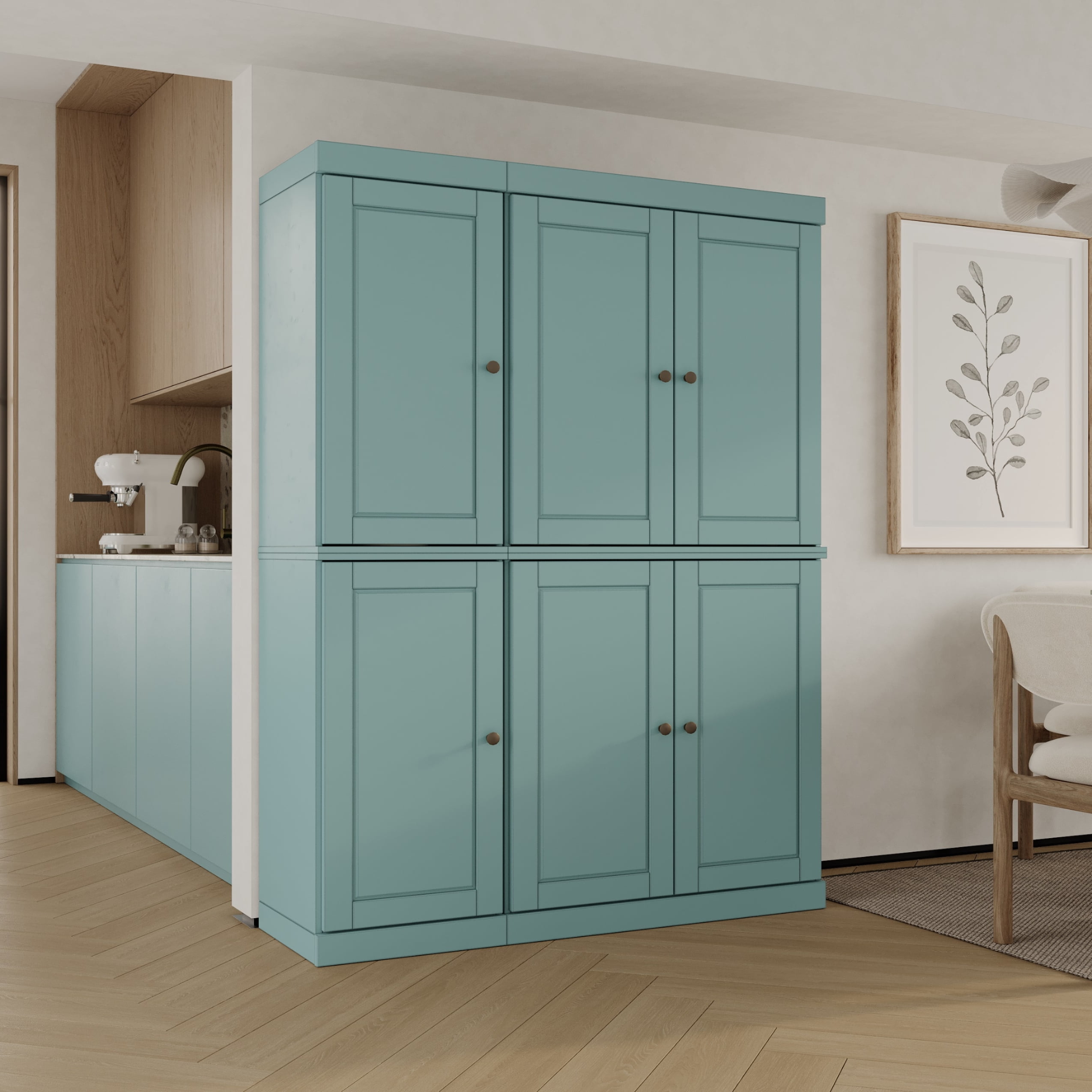 Palace Imports 100% Solid Wood Kitchen Pantry Storage Cabinet with Doors and Adjustable Shelves, 6-Door, Aqua Blue