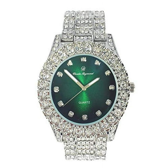 Charles Raymond Mens silver green bling-ed out hip hop fully iced out rapper with diamond time indicator analog wristwatch - ST10327DxxS (Silver Money Green)