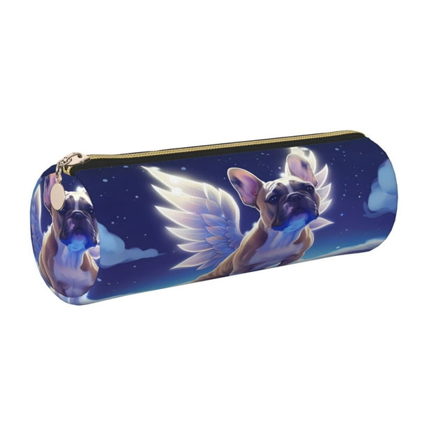 Disketp Night Sky Winged French Bulldog Estuche Organizador de Lápices de Cuero, Estuche de Oficina con Cremallera para Bolígrafo y Lápiz