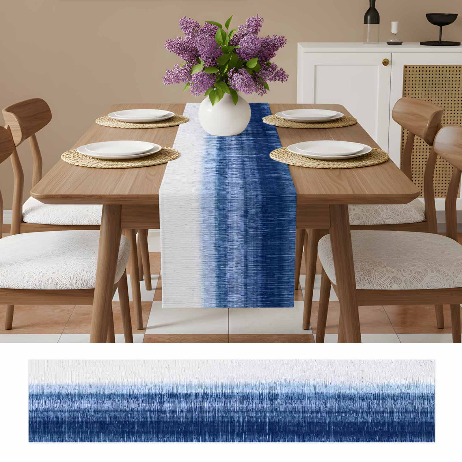 Navy Blue Ombre Table Runner, Farmhouse Modern Gradient Washable Cotton Linen Table Runners 90 Inches Long, Dresser Scarf Runner for Dining/Coffee/Kitchen/Hallway Tables 13''x90''