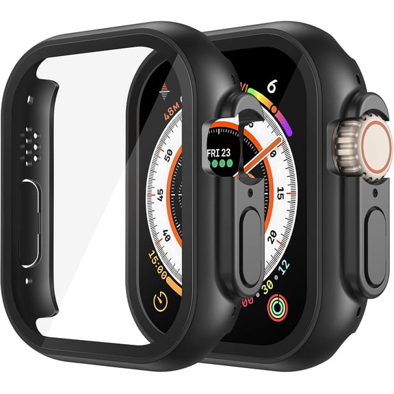 2‑Pack Black Hard PC Case with Tempered Glass Screen Protector for Apple Watch Ultra3/Ultra2/Ultra 49mm, Scratch‑Resistant Sensitive‑Touch iWatch Protective Bumper Cover