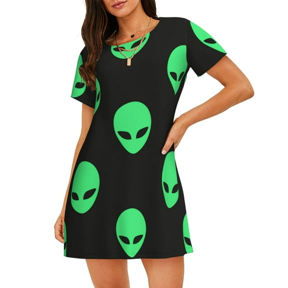 Women Nightgown Sleepwear Short Sleeves Shirt Alien Heads Patterns Casual Sleepdress Female Nightdress